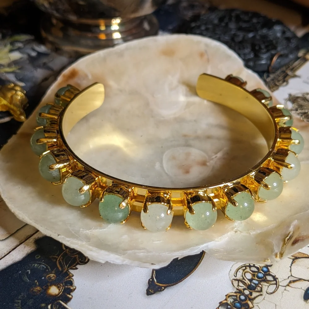 Genuine Green Jade Cuff Bracelet in 14K Gold Plated - Picture 2 of 3